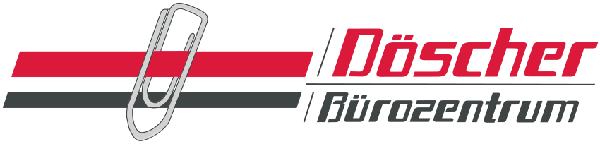Logo des Unternehmens Dö­scher Büro­zentrum: stilisierte Büroklammer vor roten und grauen Balken, daneben der Firmenname in rot und grau.