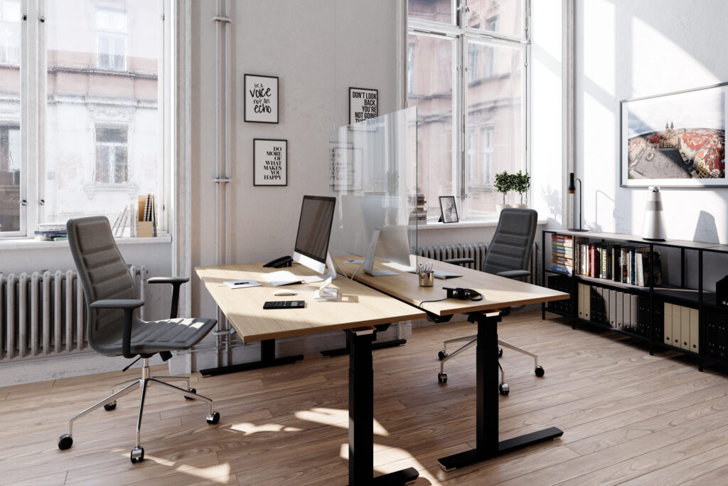 Helles Zweierbüro mit höhenverstellbaren Schreibtischen, großen Fenstern, Monitoren und grauen Bürostühlen.