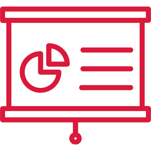 Rotes Symbol einer Präsentationsleinwand mit Tortendiagramm und drei Textzeilen.