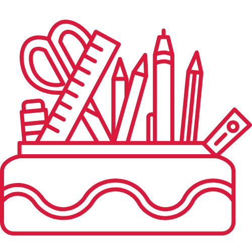 Rotes Symbol eines Stifthalters mit Schere und Schreibutensilien.