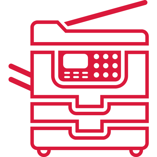 Rotes Symbol Darstellung einer Kopierstation auf Rollen.