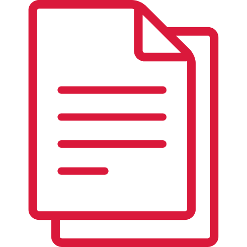 Rotes Symbol mit zwei übereinanderliegenden Dokumentblättern und Linien als Textdarstellung.