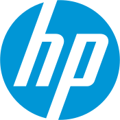 Blaues HP-Logo mit stilisiertem „hp“-Schriftzug in weißem Kreis.