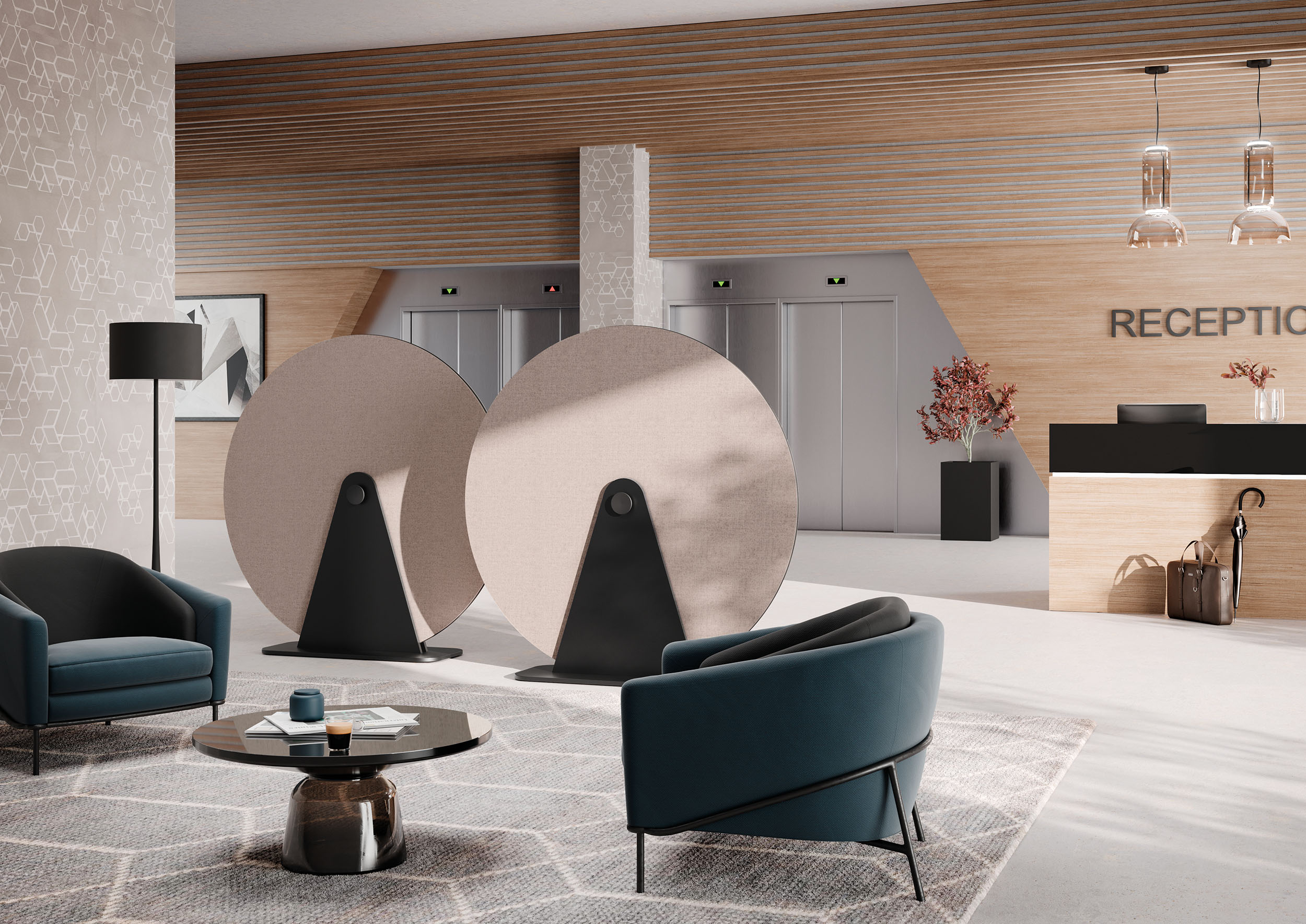 Modern gestalteter Empfangsbereich mit Sitzmöbeln, runden Akustik-Elementen und hellen Holzakzenten an der Rezeption.