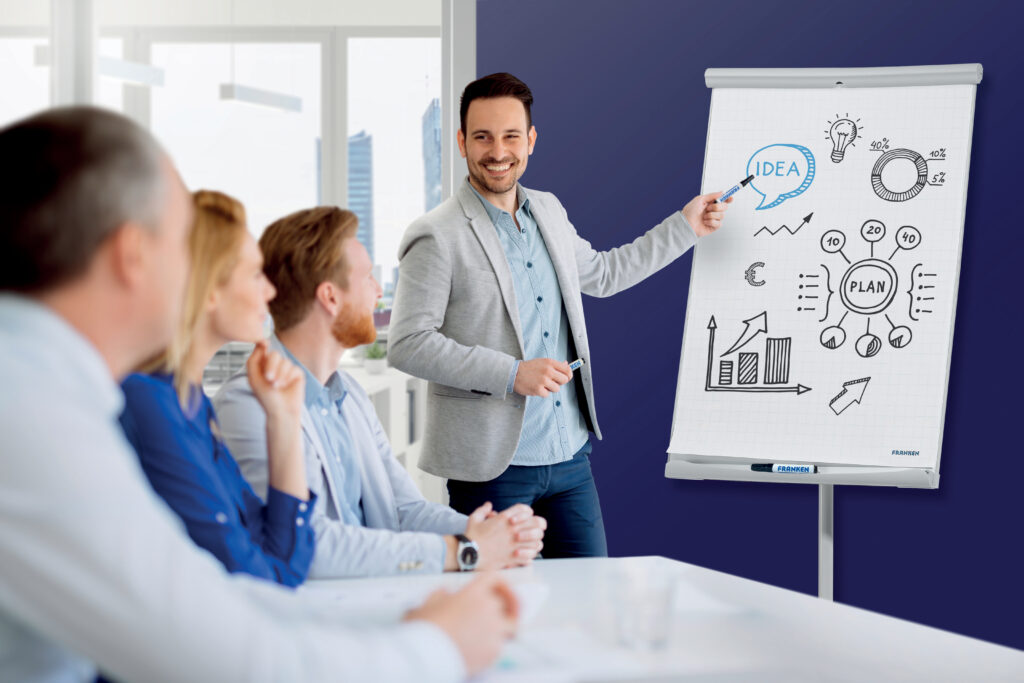 Mann präsentiert in einem modernen Büro an einem Flipchart mit Diagrammen und Notizen zum Thema Ideen und Planung, während drei Kollegen aufmerksam zuhören.