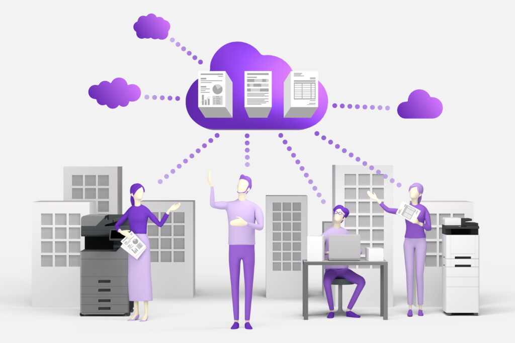 Illustration von vier Personen, die über Computer und Drucker mit einer violetten Cloud verbunden sind – Symbol für vernetztes Cloud-Printing und digitales Dokumentenmanagement.