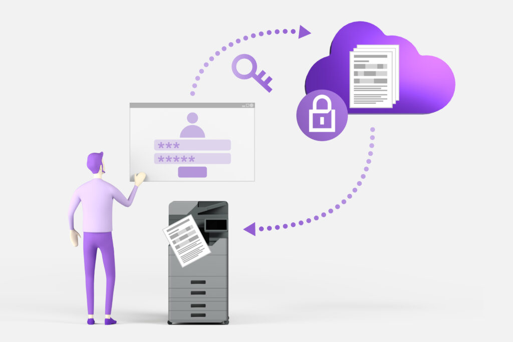 Illustration einer Person, die sich an einem Multifunktionsdrucker anmeldet und Daten sicher in eine violette Cloud mit Schloss- und Schlüssel-Symbol überträgt – Darstellung von sicherem Cloud-Printing und Datenschutz.