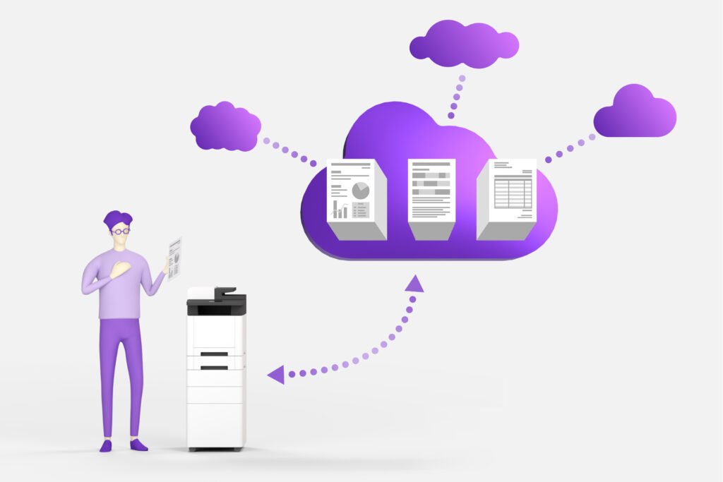 Illustration einer Person neben einem Multifunktionsdrucker, der über eine violette Cloud mit digitalen Dokumenten verbunden ist – Symbol für Cloud-Printing und digitales Dokumentenmanagement.