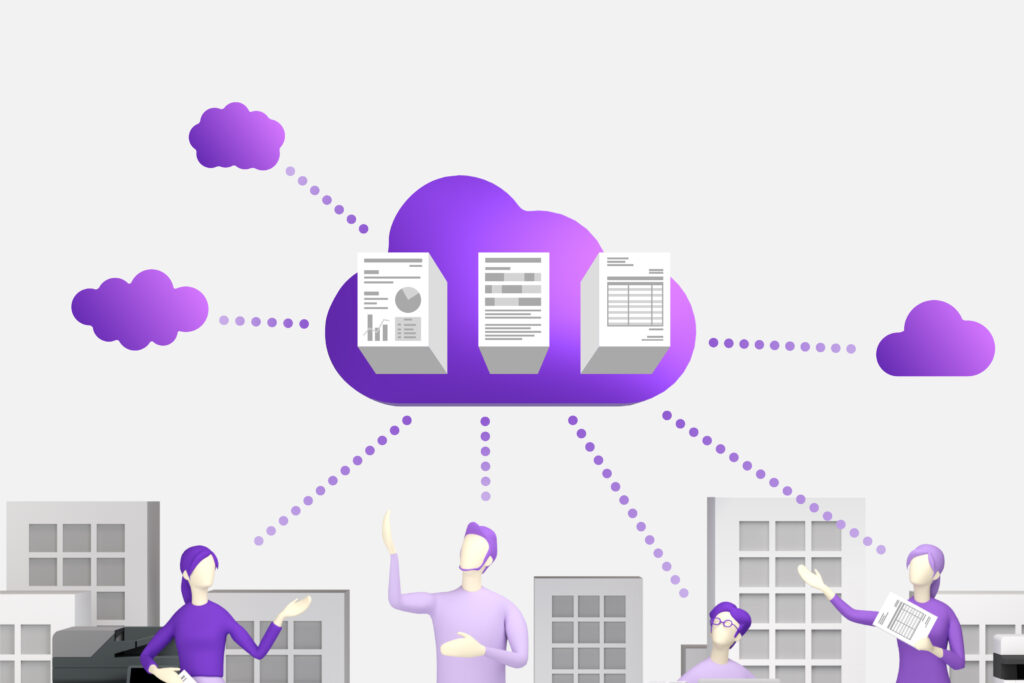 Illustration von Personen und Dokumenten, die über eine violette Cloud miteinander verbunden sind – Symbol für Cloud-Datenaustausch und digitale Zusammenarbeit.