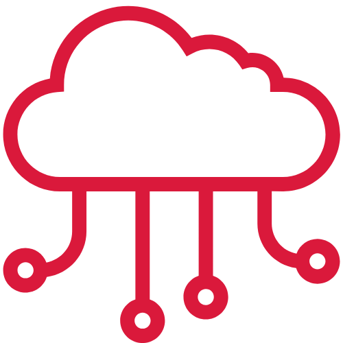 Rotes Symbol einer Cloud mit vier verbundenen Datenleitungen.