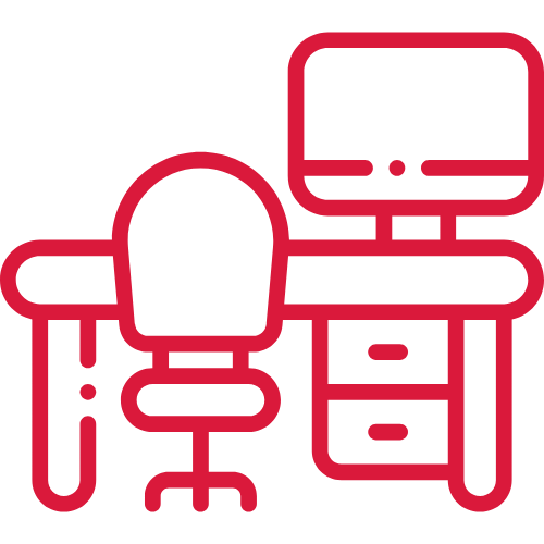Rotes Symbol eines Schreibtisches mit Stuhl und Monitor.