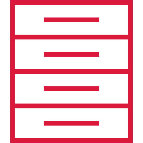 Rotes Symbol eines Aktenschranks mit vier Schubladen.