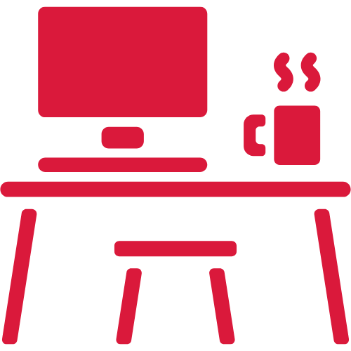 Rotes Symbol eines Schreibtischs mit Computer, Tasse und Hocker.