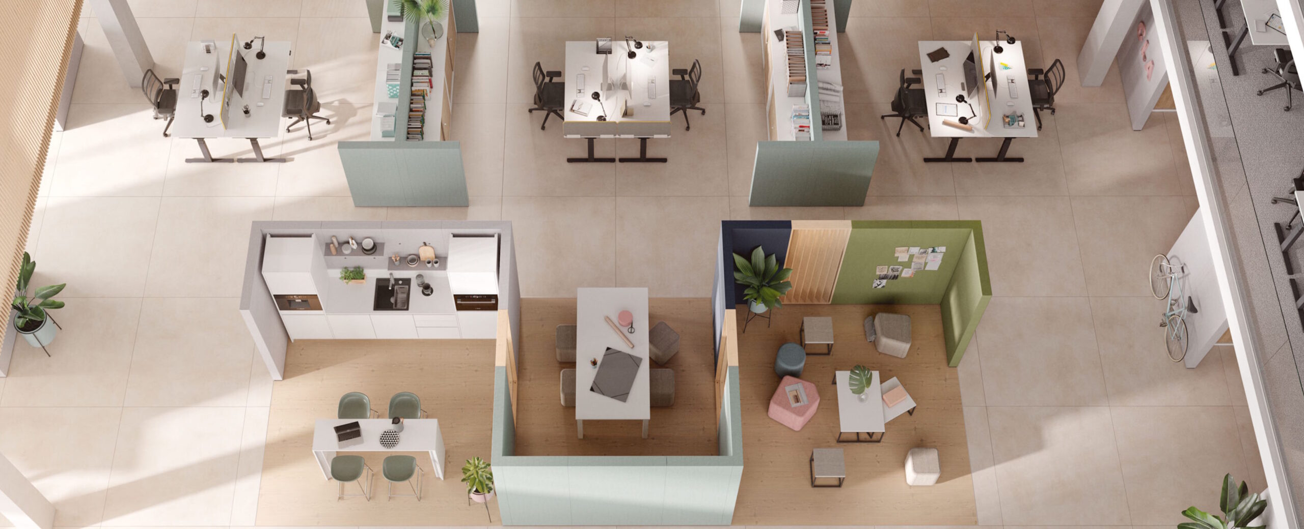 Moderne Bürofläche in offener Raumgestaltung mit Arbeitsplätzen, Besprechungszonen, Lounge-Bereich und kleiner Küchenzeile.